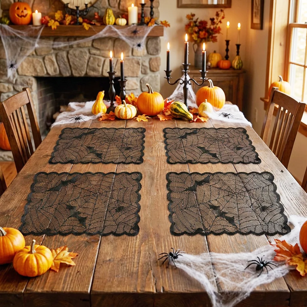 4-piece Halloween spider web bat dinner mat, Halloween black lace semi-transparent party table mat