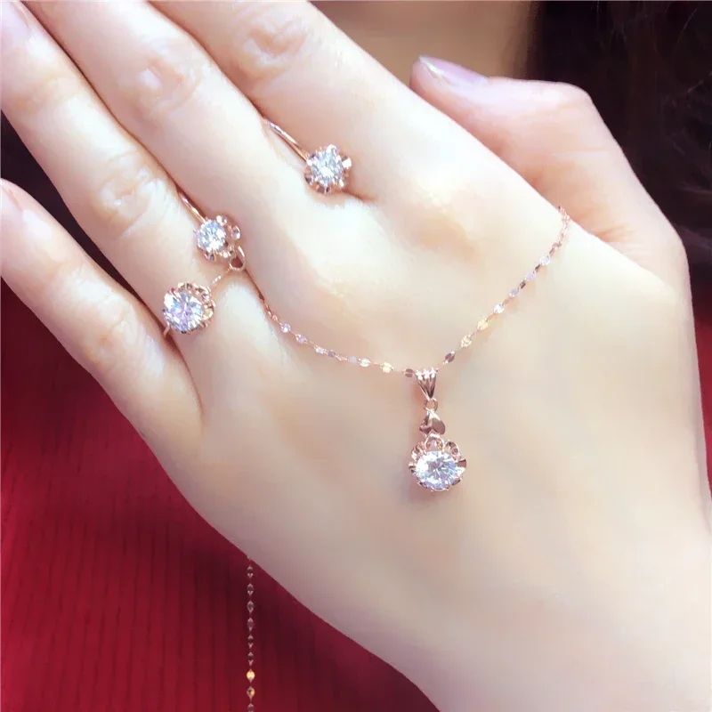 White Shiny Flower Jewelry Set Plated  Rose Gold Earrings for Women Charms Rings Necklace Elegant Light Luxury Necklaces