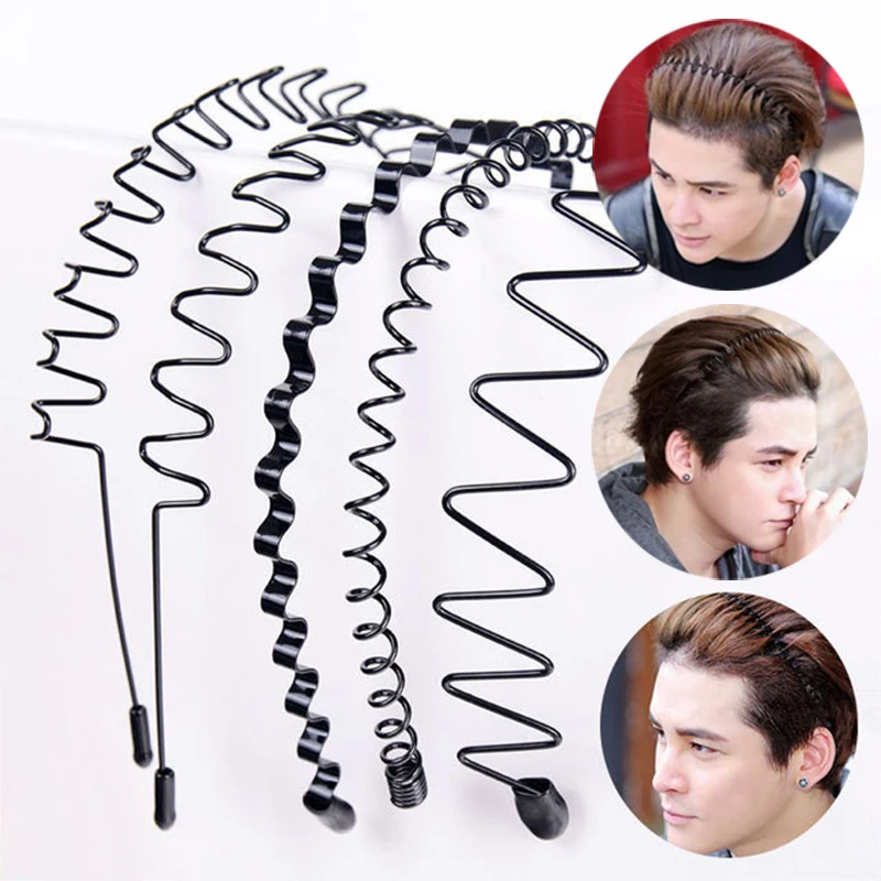 Unisex Men Hoop Hair Band Wave Shaped Hairband Face Washing Headdress Boy Hair Hoop Non Slip Black Metal Spiral Headband Women