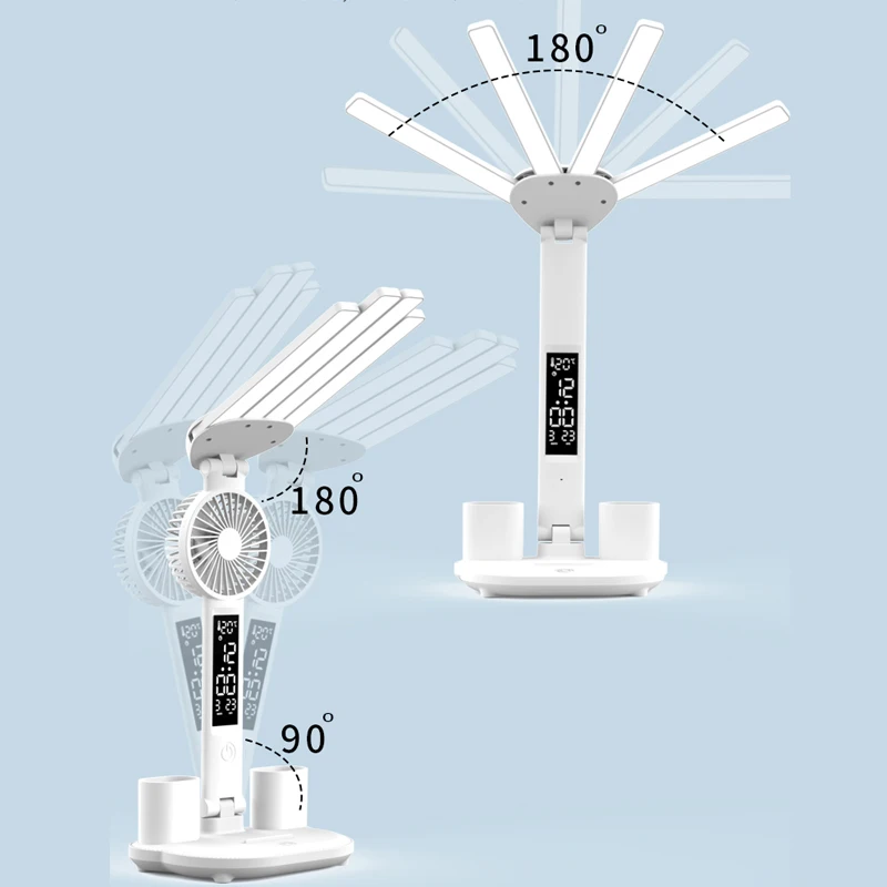 다기능 테이블 램프, USB 충전식 책상 조명, 선풍기 달력 시계 포함, 3 인 1, 4 헤드 접이식, 3 색 독서 램프