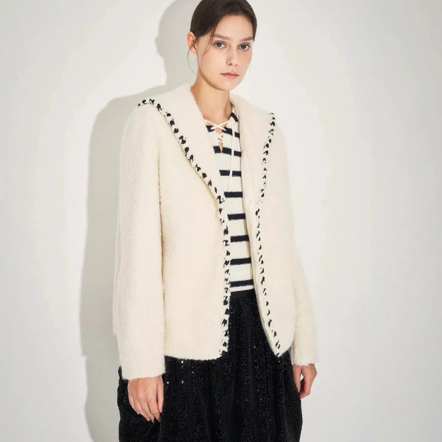 

Faionable Navy Collar ort Coat Women's Commute Sle Loose Fit Long Sve Zipper Closure Pure Color Alpaca Wool Jaet