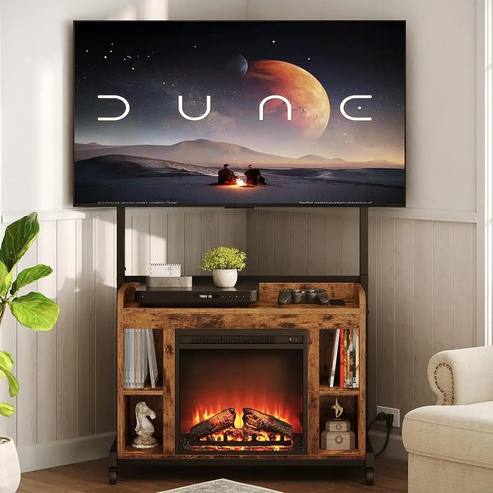 

Черная угловая подставка под телевизор в деревенском стиле с 18-мя электрическими каминами, консоль с регулируемой высотой для телевизоров 55-75, развлекательный центр с питанием