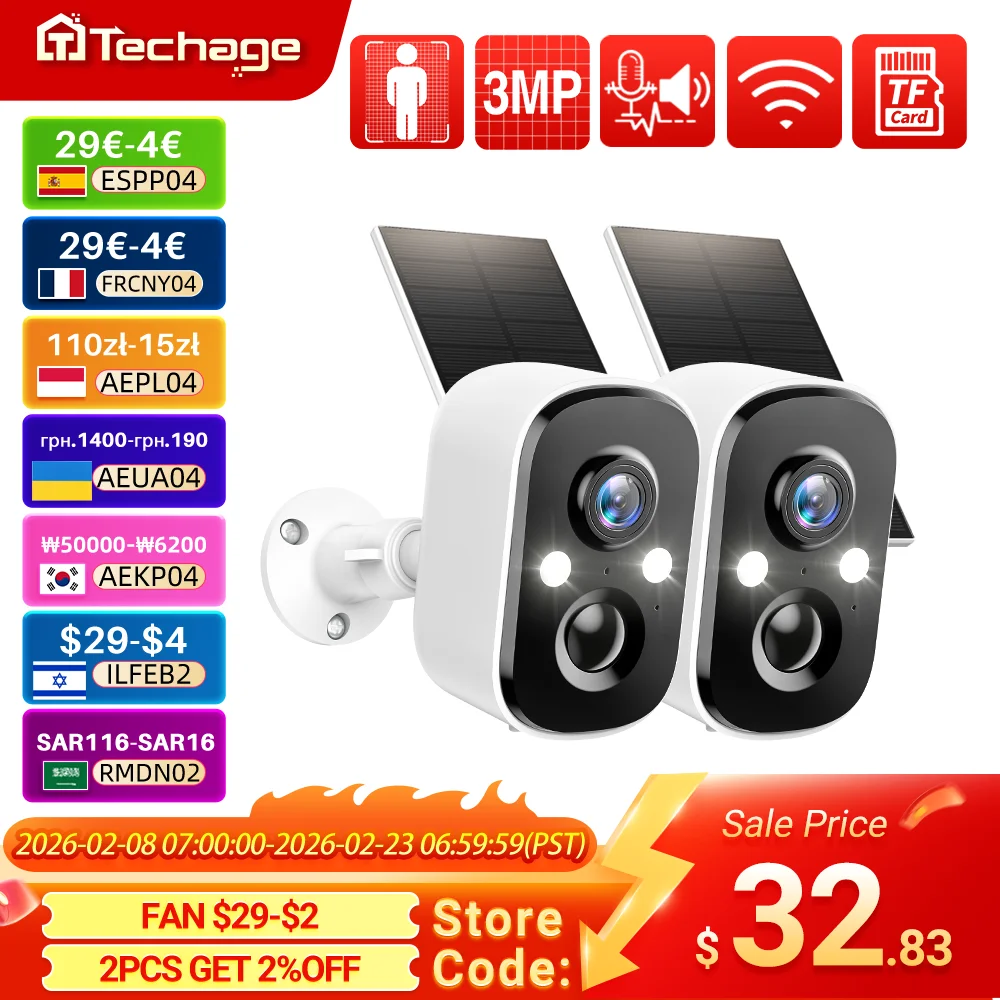 Techage 3MP 무선 태양 전지 IP 카메라 야외 보안 WiFi PIR 카메라 양방향 오디오 인간 감지 지원 Alex