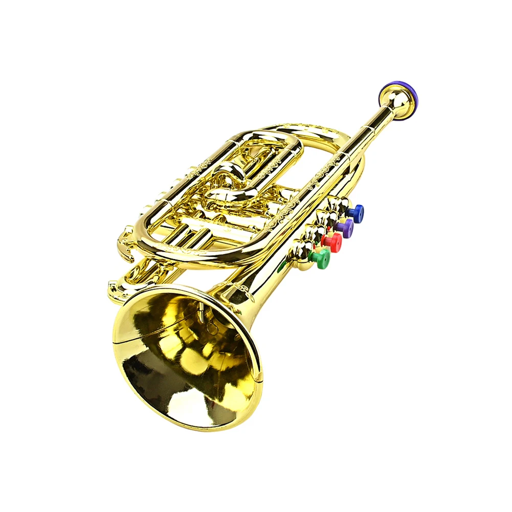 Professional Metallic Gold Trumpet Musical Educational Toy ABS Trumpet Toy with 4 Colored Keys Simulation Instrument Child Gift