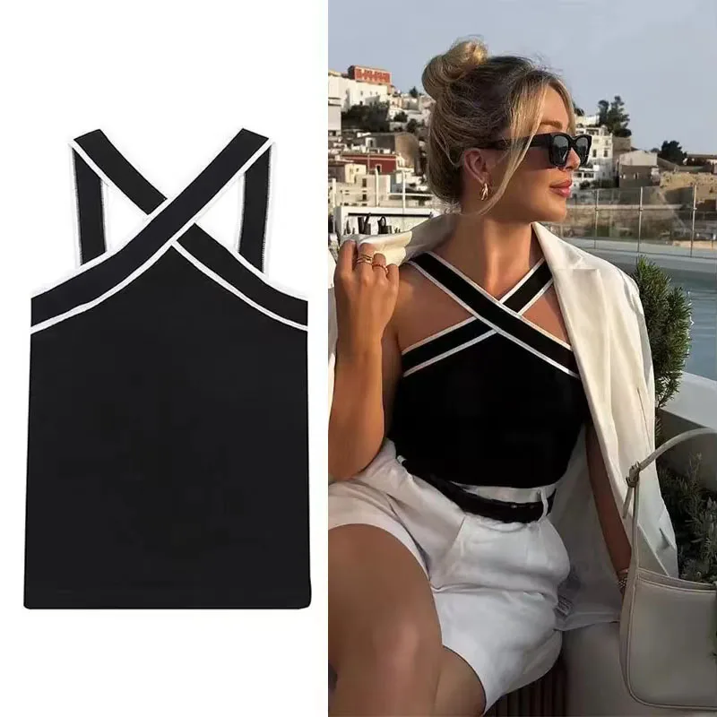 UETEEY Women Fashion Contrast Color Knit Tank Tops Sexy Backless Cross Straps Female Camis Mujer