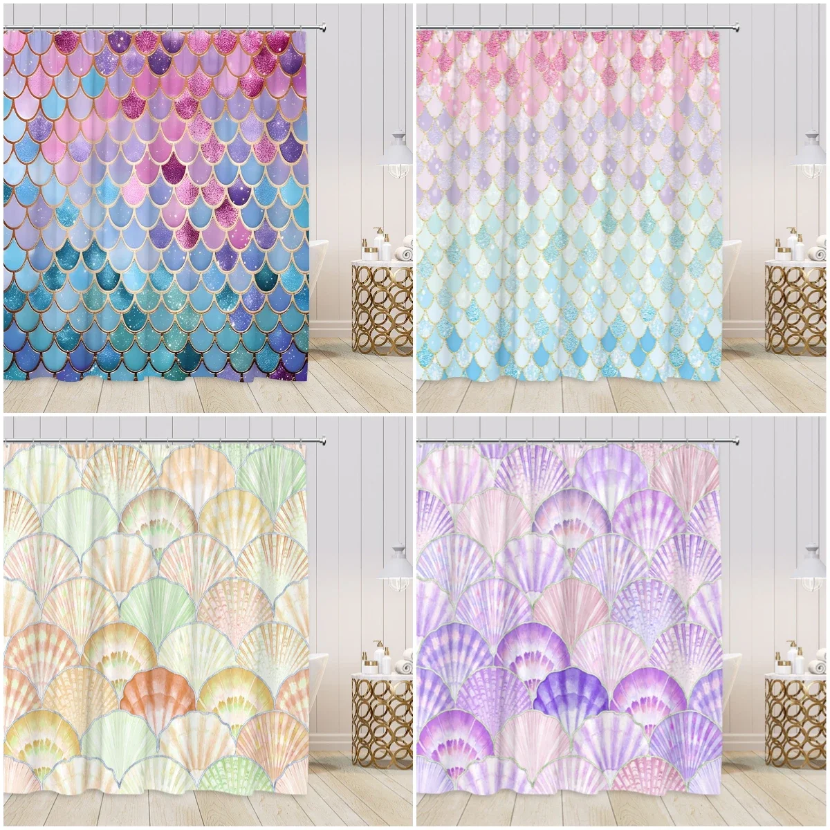 Mermaid Scale Shower Curtain Cartoon Mermaids Kids Bathroom Decoration Sparkling (No Sequin) Polyester Bath Curtain with Hooks