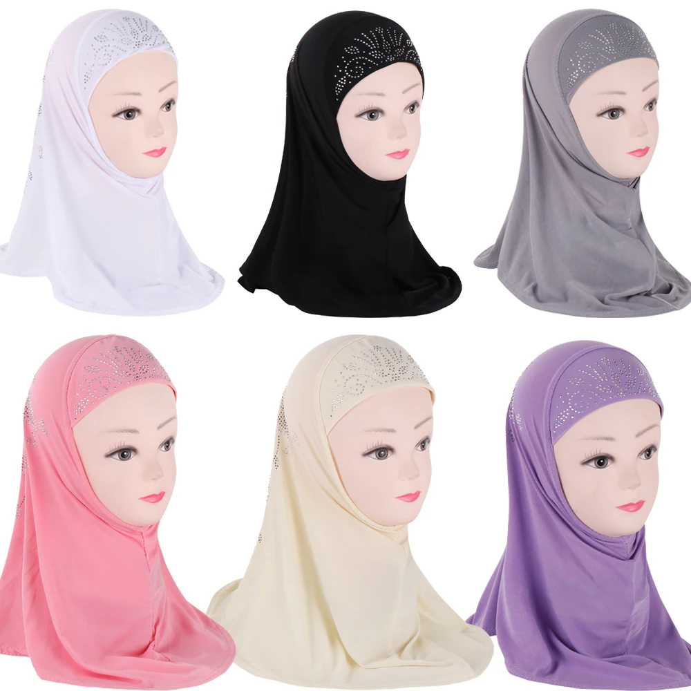 

Muslim Kids Girls Hijab Instant Scarf Pull On Ready To Wear One Piece Amira Diamonds Headscarf Head Wrap Turban Khimar Turbante