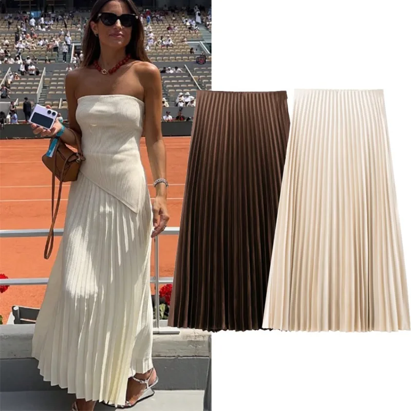 

Cross-border supply Spring new women's clothing High waist loose simple silk satin texture pleated fashion skirt