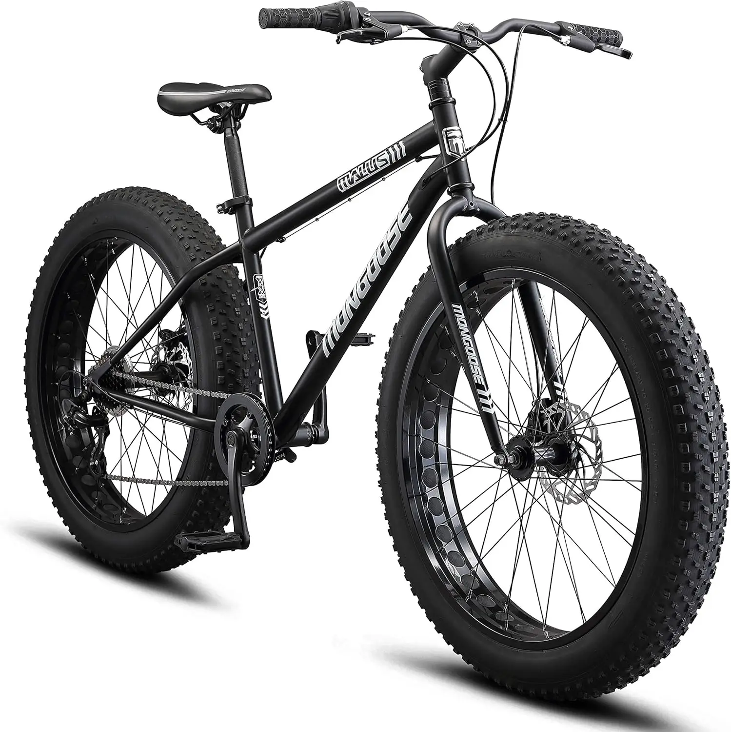 Malus Fat Tire Mountain Bike, 26-Inch Bicycle Wheels, 4-Inch Wide Knobby Tires, Steel Frame, 7 Speed Drivetrain Disc Brakes