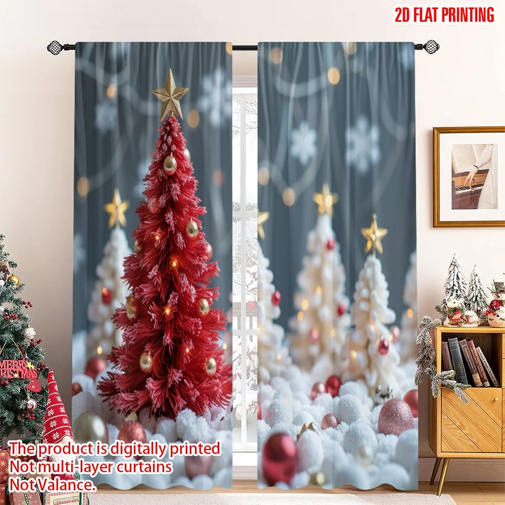 

2pcs 2D flat printing Merry Christmas Popular Curtains Red White Christmas Trees 100% Polyester Without Electricity Festive Wall