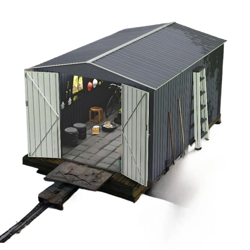 8 * 10 Feet Dark Gray Double Door 0.25mm or 0.Thick Iron Sheet Modern Slat Storage Room Tools and Sundries