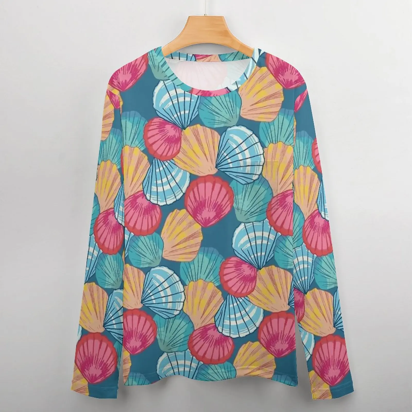 Sea Shells T-Shirt Colorful Print Hippie T-Shirts With Pocket Long Sleeve Graphic Tops Autumn Y2K Oversize Tees