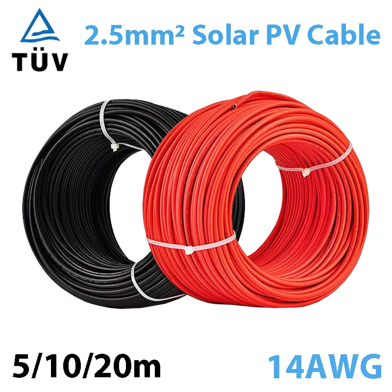 2.5mm2 14AWG Solar Power Cable Wire PV Cable TUV Cable For PV Panels Connection Red Black Jacket 5/10/20m 5 10 Meters 2.5mm²