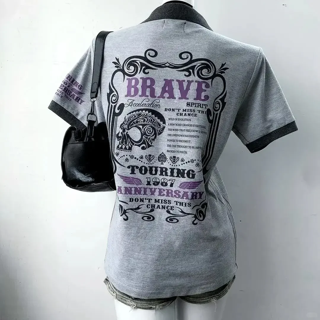 

Винтажные серые рубашки поло с принтом, футболка с короткими рукавами для женщин, уличная одежда в стиле Харадзюку 2025, уличная одежда Millennium, облегающие женские топы