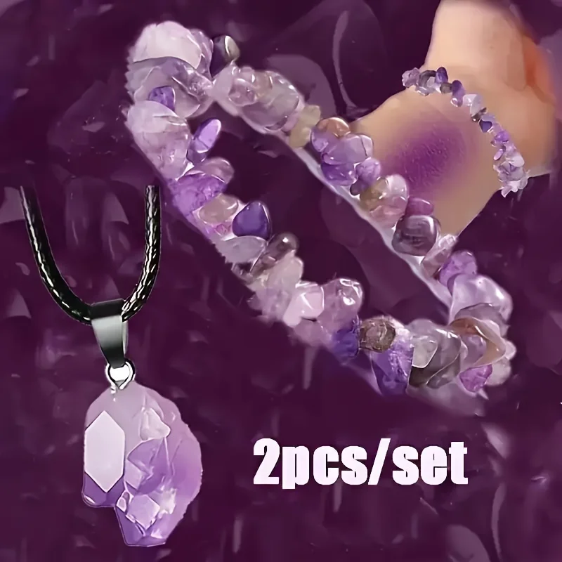2Pcs/set Natural Stone Amethyst Necklace and Amethyst Chips Bracelet Reiki Healing Couple Jewelry for Men Women Holiday Gift