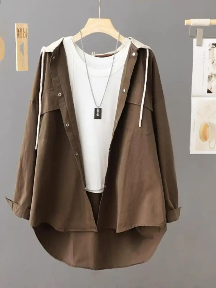

Корейская версия, женская коричневая лоскутная рубашка в стиле ретро с длинным рукавом и капюшоном, весна-осень 2024, однобортные свободные праздничные топы, модные