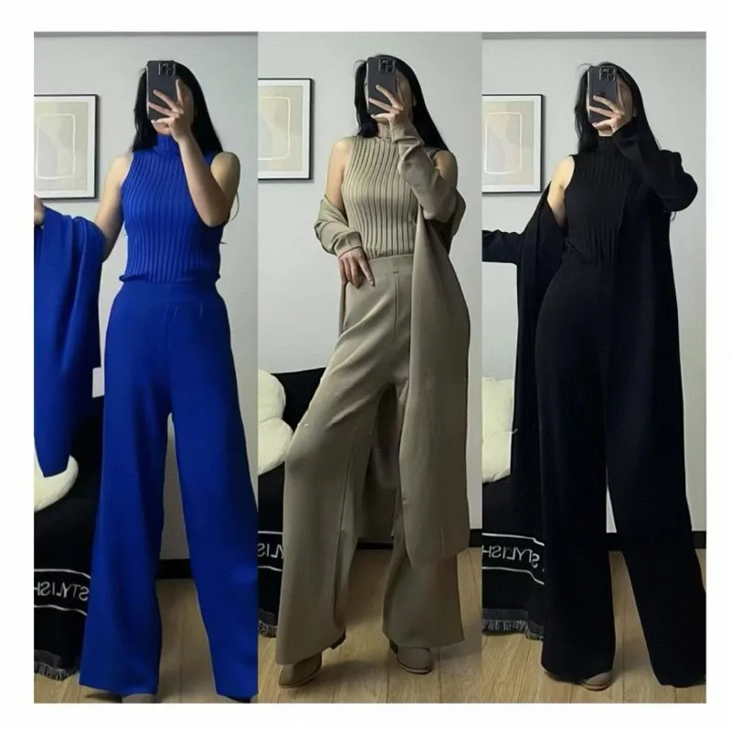 

Blouse Pants Shawl Three-Piece Set Women's Stylish Solid Color Coat High Neck Base Layer Knit Top Wide Leg New Minimalist Niche