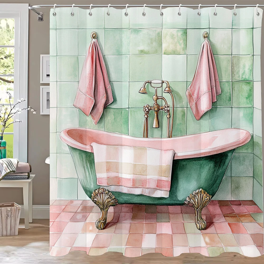 

1pc Waterproof Polyester Shower Curtain with 12 Hooks, Watercolor Bathtub Printed Bath Curtain Fabric Curtain For Bathroom