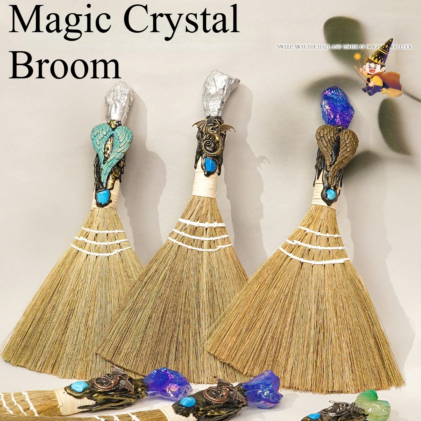 

Halloween Crystal Broom Mineral Decoration Ornament Bohemian Style Witch Broom Decoration Ornament