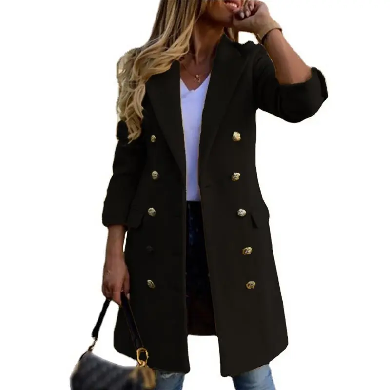 

A24F-Women Fall Winter Wool Coats Double Breasted Midi Peacoat Trench Coats