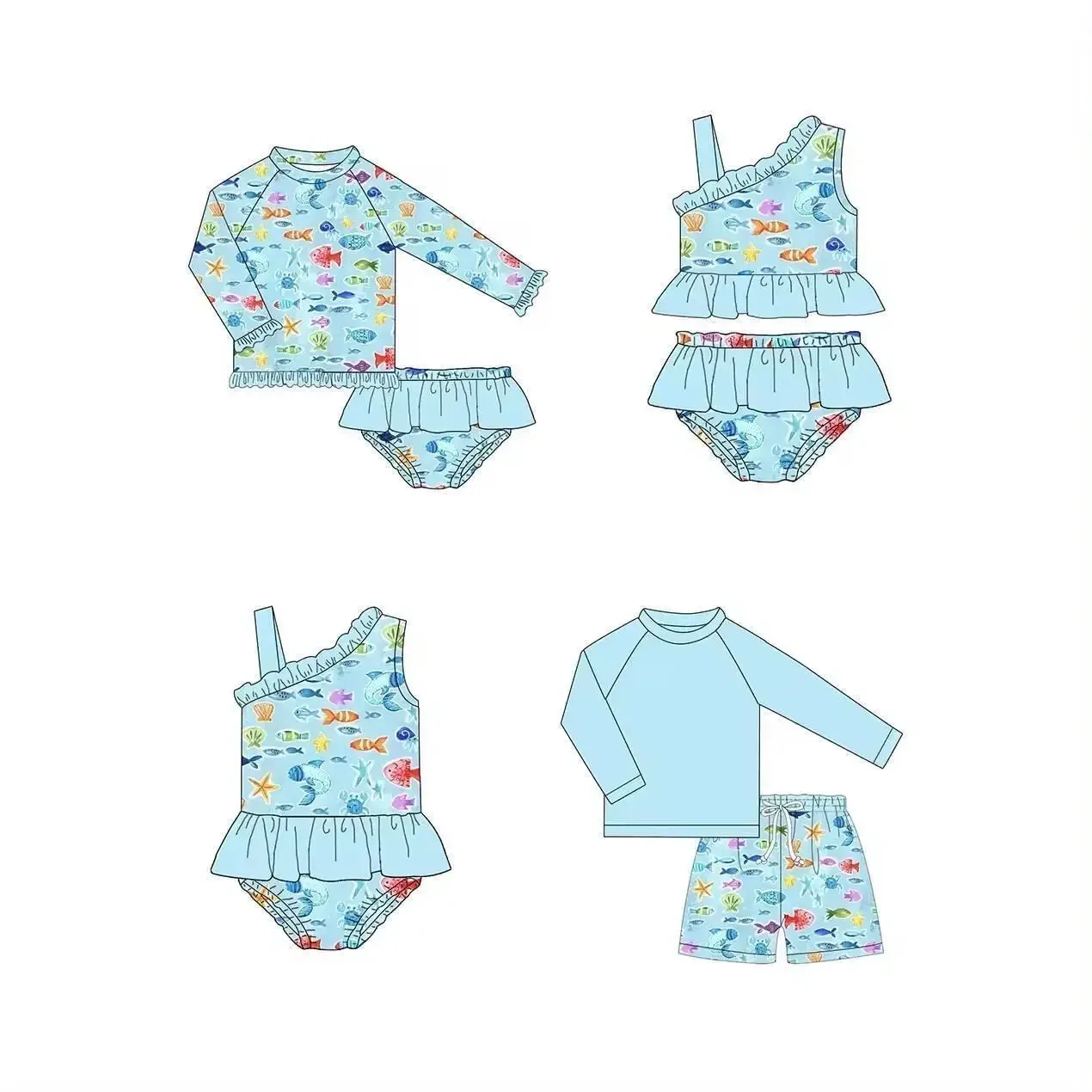 

New toddler set for boys and girls matching set colorful fish print girls long sleeve shorts milk silk clothes toddler onesie