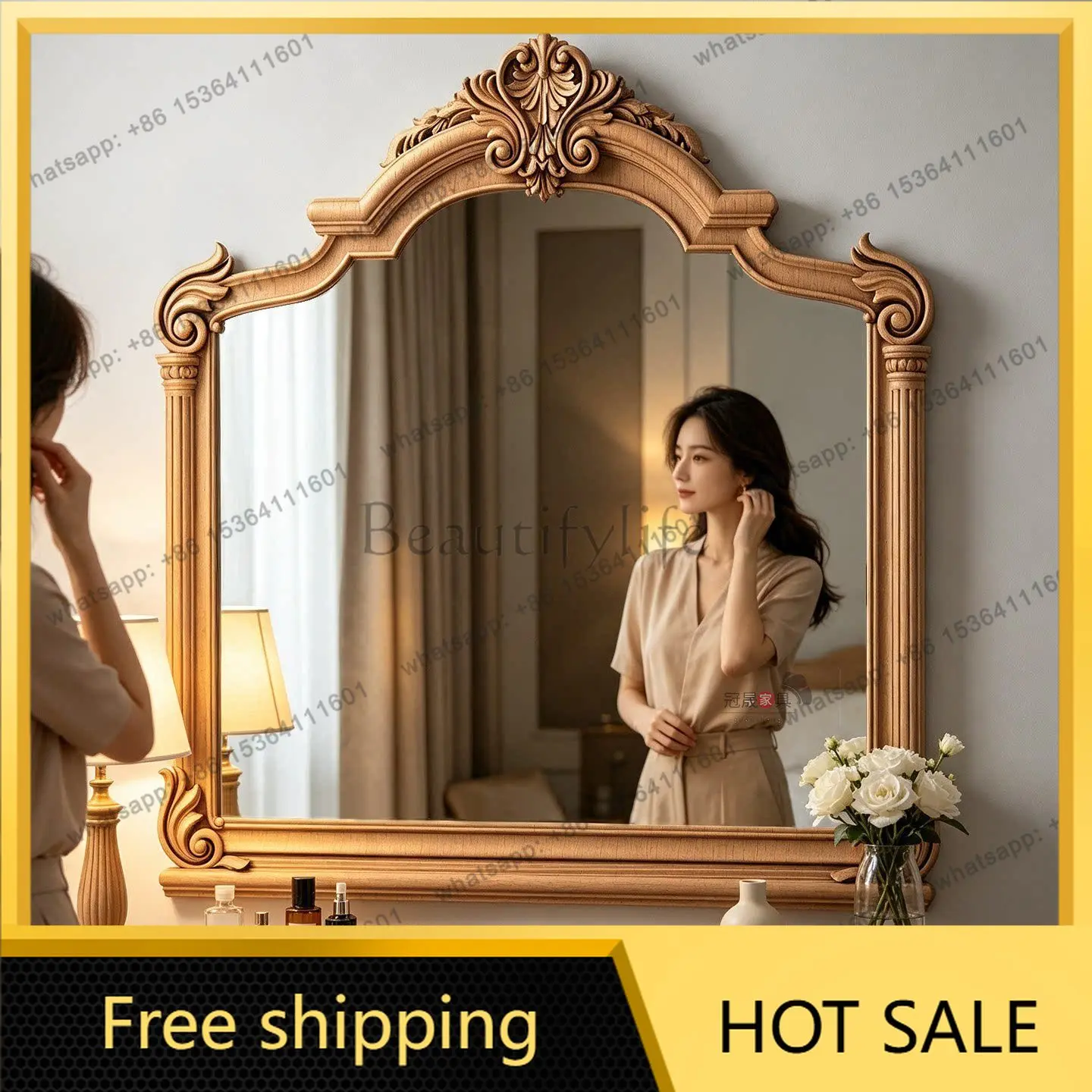 YJ French Retro Carved Irregular Wall Mirror American Vanity Unit For Bathroom Entryway Living Dressing Home Decor