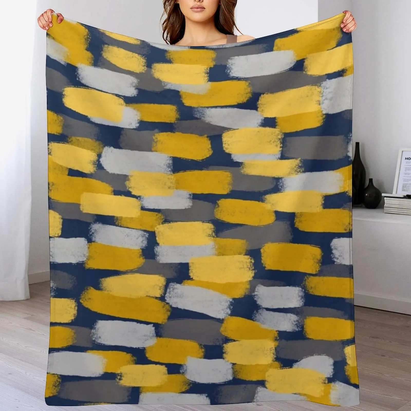Abstract Grey and Mustard Yellow Paint Brush Effect on Navy Blue Throw Blanket Compact Warm Blanket for Car Road Trip