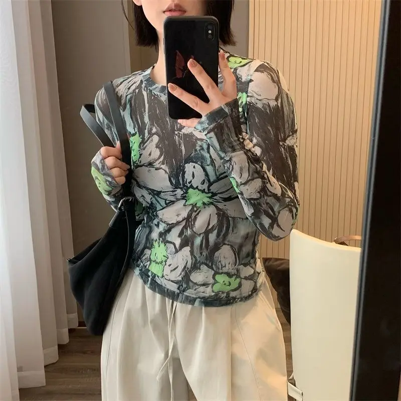 Oil Painting Style Design Autumn New Versatile Floral Graffiti Elastic Slim Mesh Skin Coat