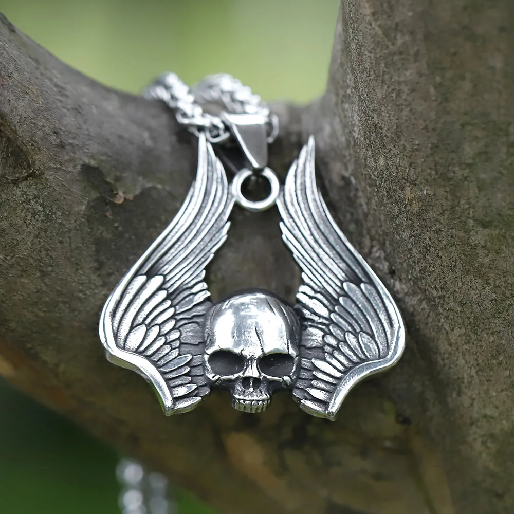 NEW Men's 316L stainless-steel Vintage angel skull Rock Pendant Necklace for teens punk Jewelry free shipping   4.9  9 Reviews