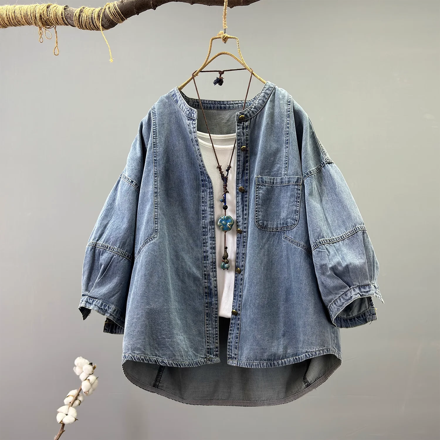 

Harajuku fashion denim shirts and blouses for women summer autumn Japanese style half sleeve loose jean tops