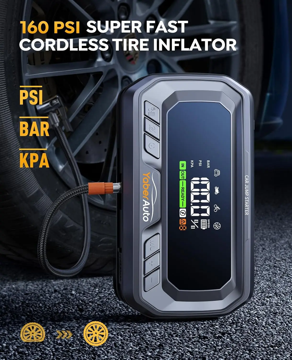 كاتب قفز محمول 12 في 1 مع ضاغط هواء، قوة 8000 أمبير لجميع الغاز ومركبات الديزل سعة 12 لترًا