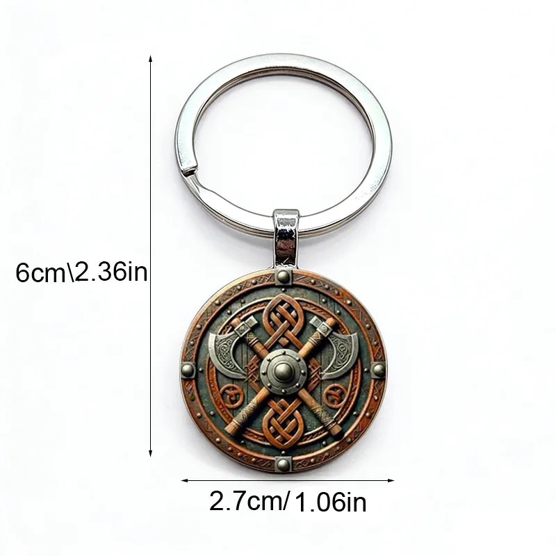 Hot selling retro double axe and shield pattern circular glass alloy keychain Thanksgiving gift
