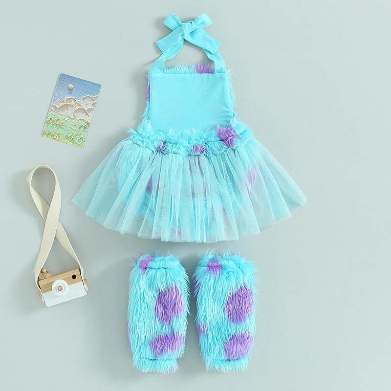 2023-07-31 Lioraitiin 0-3Years Infant Girl Bodysuit Tie-Up Halter Neck Mesh Hem Backless Print Fur Jumpsuits with Leg Warmers