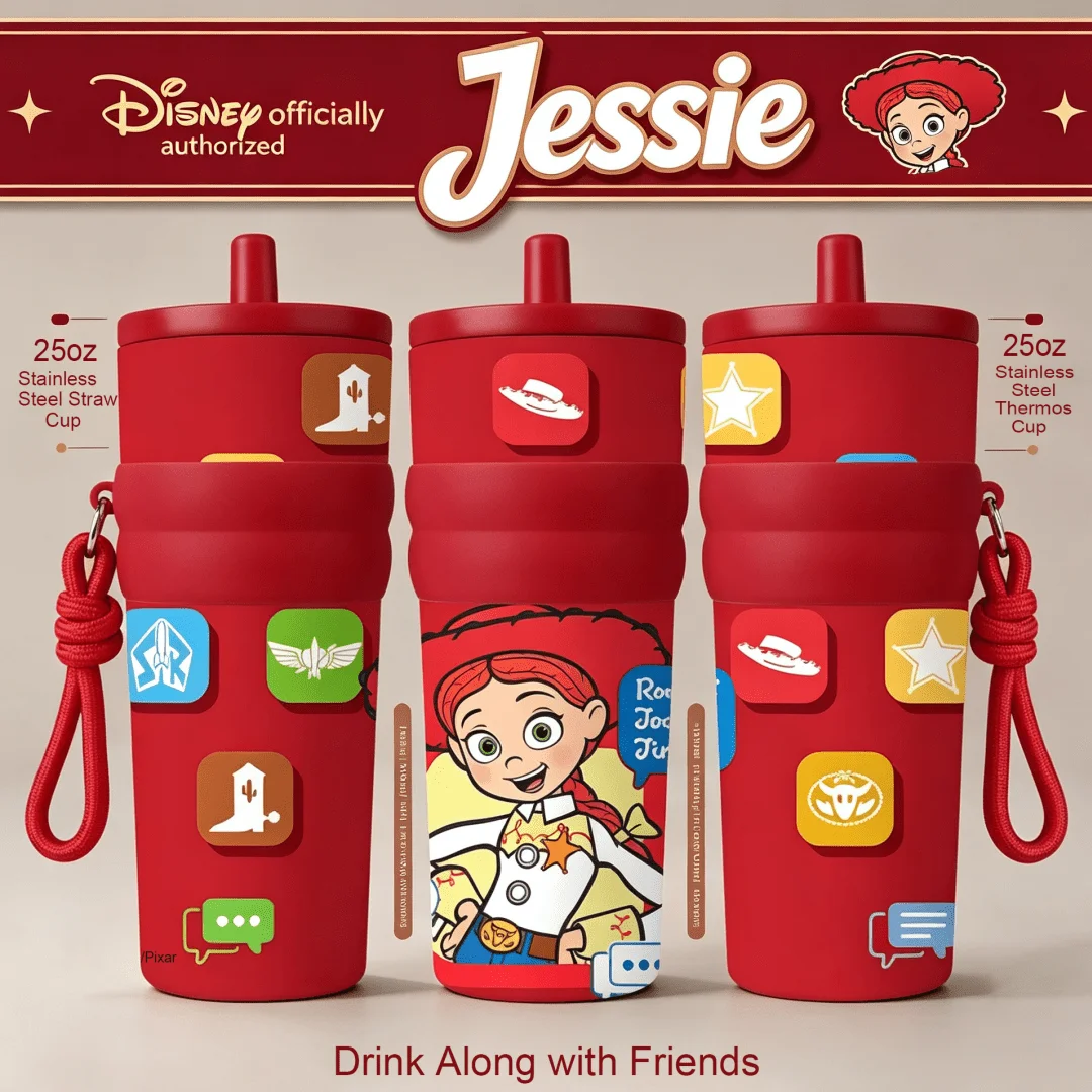 1pc 25oz Toy Story Jessie Stainless Steel Tumbler Insulated Travel Mug with Straw Hanging Rope Portable Cup for Car Outdoor