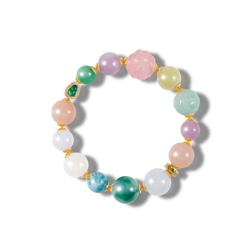 

Healing Pink Opal Natural Jade Beaded Bracelet Women S925 Silver 18K Gold Plated Multi Gem Round Beads Meditation Wealth Good