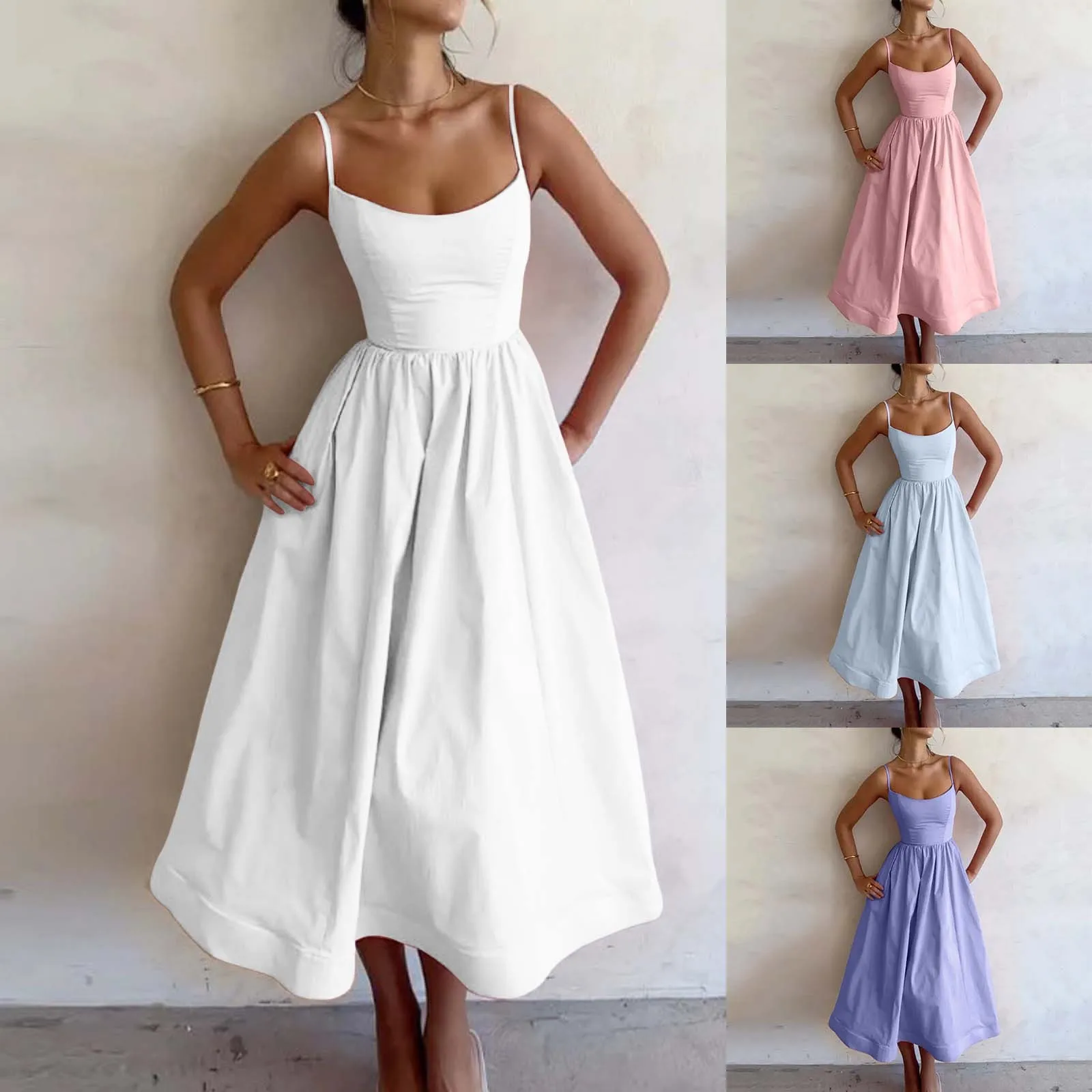 

Women Elegant Solid Sleeveless A-line Midi Dresses Robe Vestidos Summer Casual Female Fashion Pink Spaghetti Strap Dress