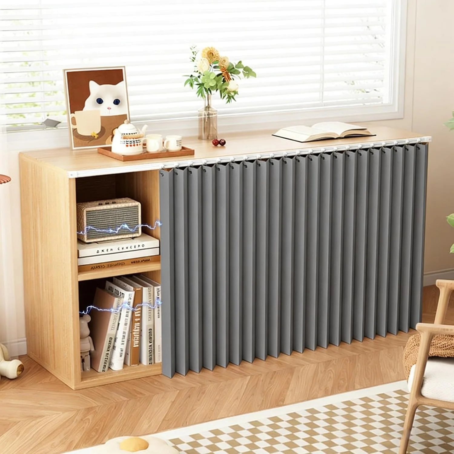 Cabinet Curtain for Kitchen Under Sink,Blackout Magnetic Folding Door for Closet Pantry,Heavyweight Fabric Privacy Room Divider
