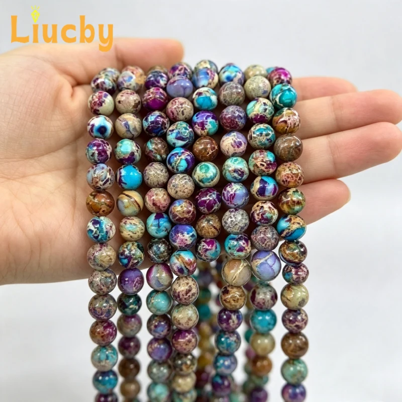 Mischfarbene Natursteinperlen mit Muster, lila-blaue runde Perlen für Schmuckherstellung, DIY-Zubehör, Armband, 15 Zoll, 4/6/8/10 mm – Detail 3