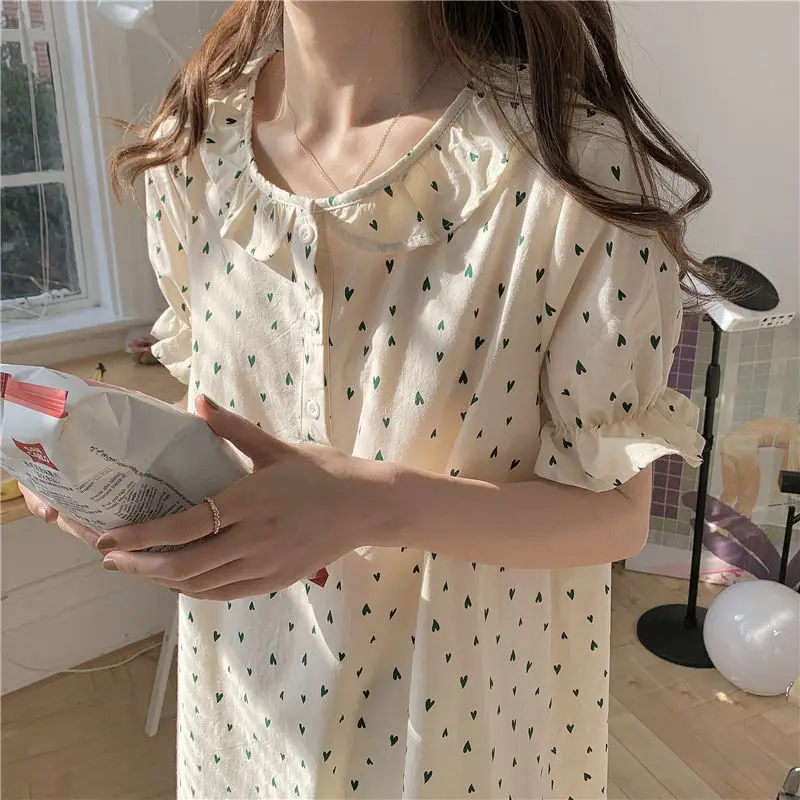 Heart Print Sleepwear Woman Short Sleeves Nightgown Korean Night Dress Summer One Piece Pajamas Dress Ruffles Night Wears 2024