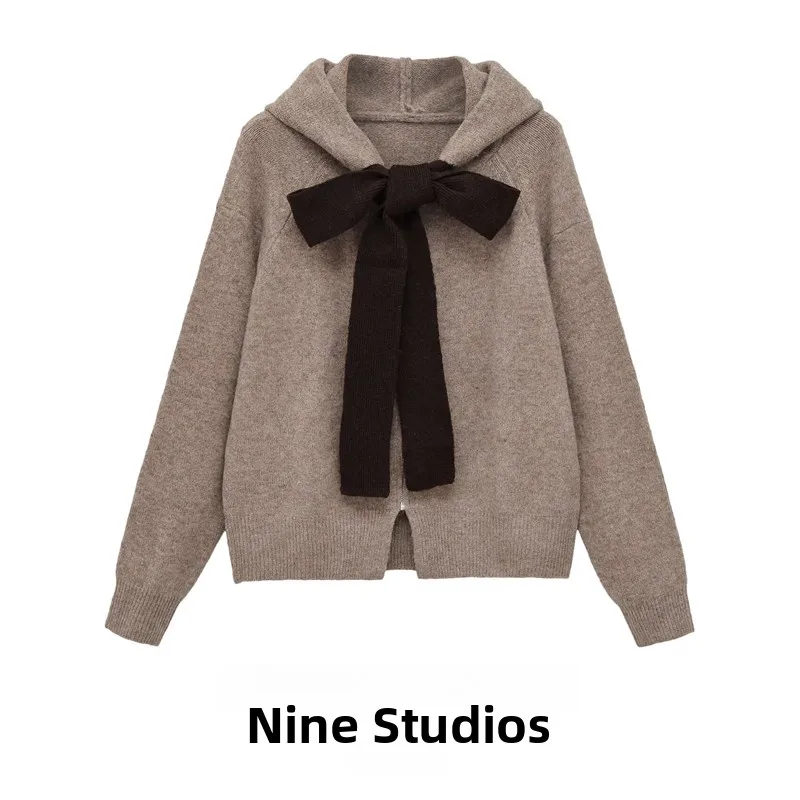 Design Sensation Versatile  Knot Knitted Open Cardigan Hooded Jacket Top for Women Long Sleeve Winter Fashion