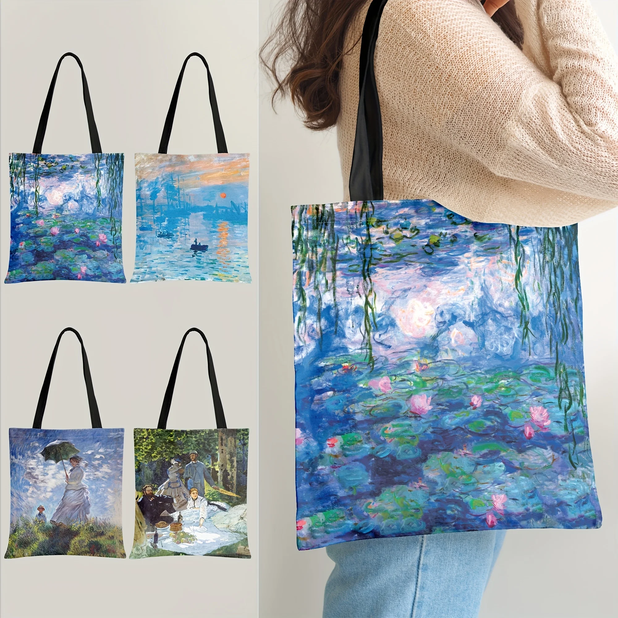 Monet-Bolso de hombro con pintura al óleo de lirios de agua, bolso grande reutilizable para compras de comestibles, bolso elegante informal Vintage de poliéster duradero