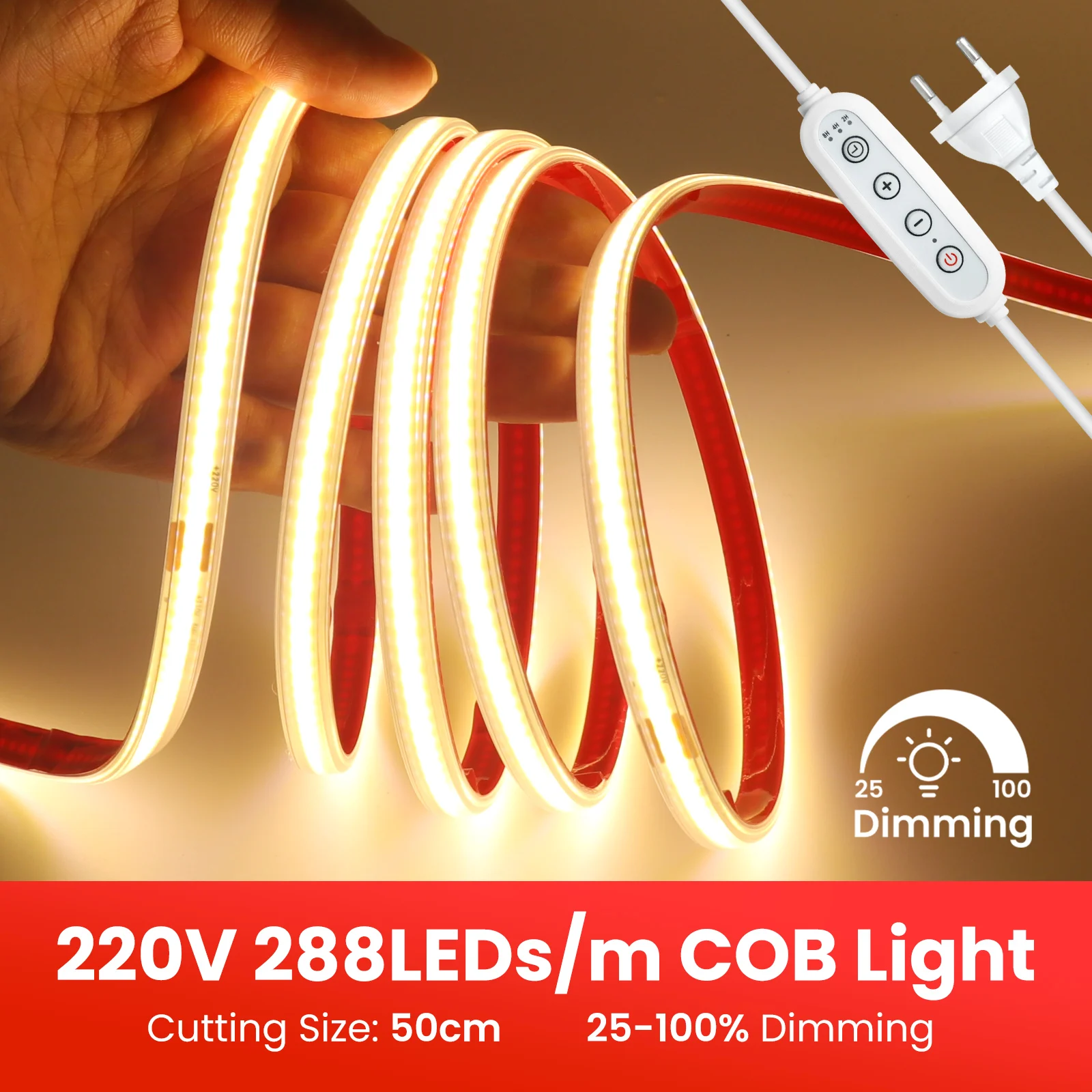 

Диммируемая светодиодная лента COB 220В, 288 светодиодов/м, гибкая лента-полоса, водонепроницаемая IP65, со встроенным выключателем, 3000K 4000K 6000K