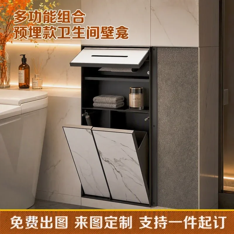 For Bathroom Stainless Steel Recessed Niche Multi-functional Storage Cabinet Concealed Tissue Toilet Brush Holder Trash Can