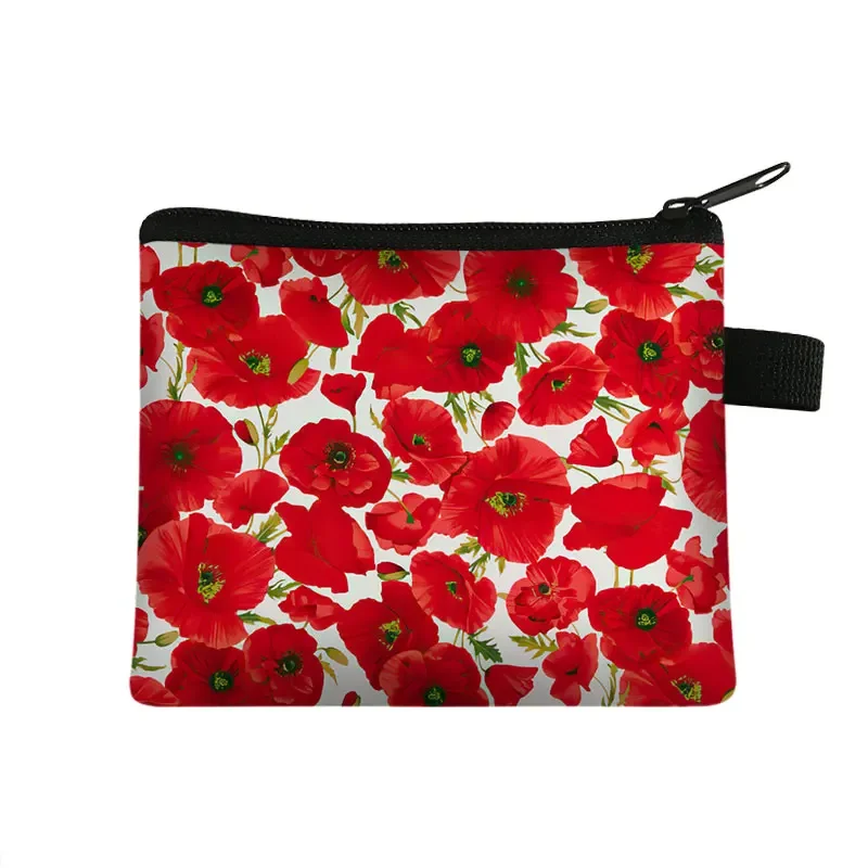 Fashion Red Poppy Flower Print Coin Purse Women Harajuku Wallet Small Clutch ID Credit Card Money Holder Bags Hip Hop Coin Bag