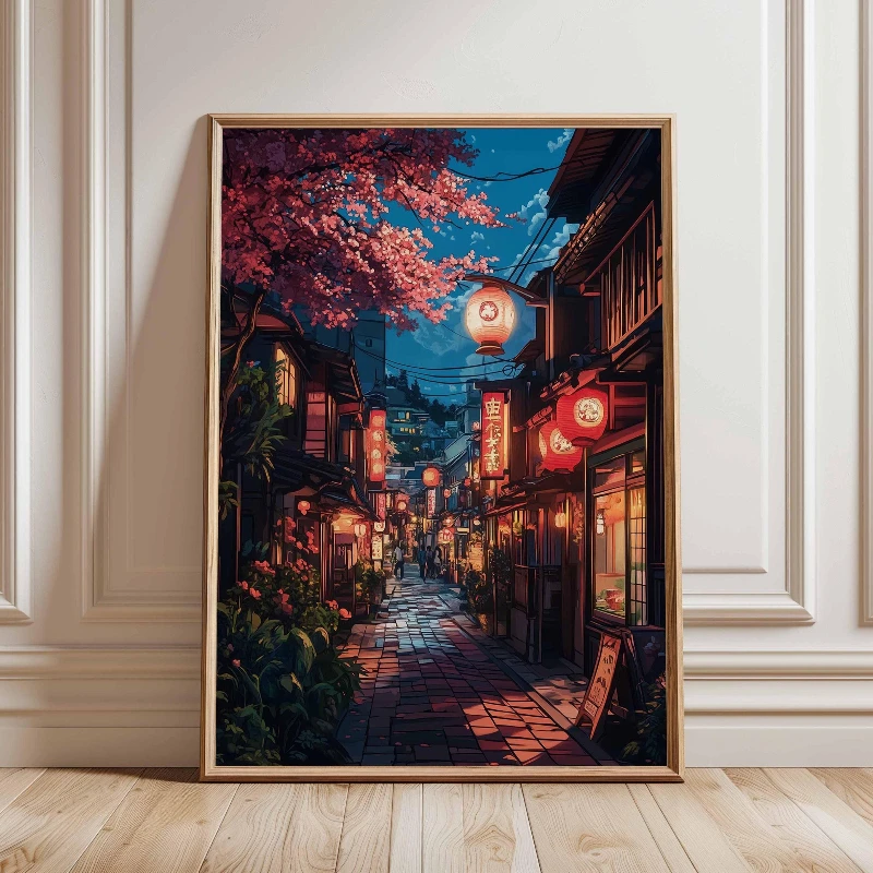 1pc frameless Serene Tokyo Night Print, Cherry Blossom Poster, Japan Street Art, Lantern Lit Alley, Cityscape Print, Urban Night