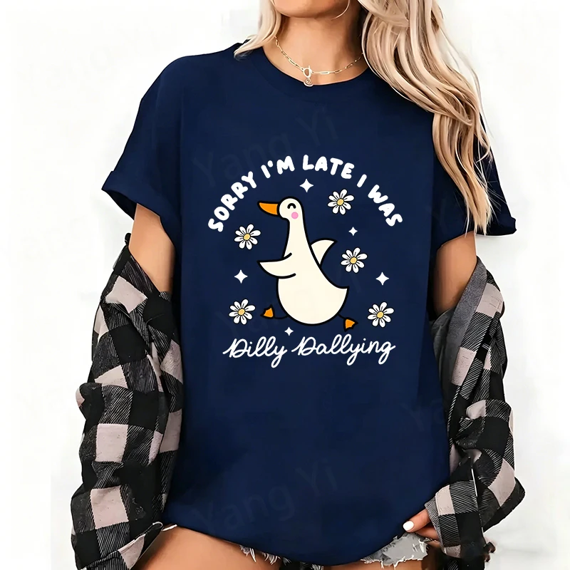 Hot Cartoon Goose Daisy Print T-shirt Loose Short Sleeve Harajuku Casual Top SORRY I'M LATE I WAS Letter Women Men Cotton Shirts