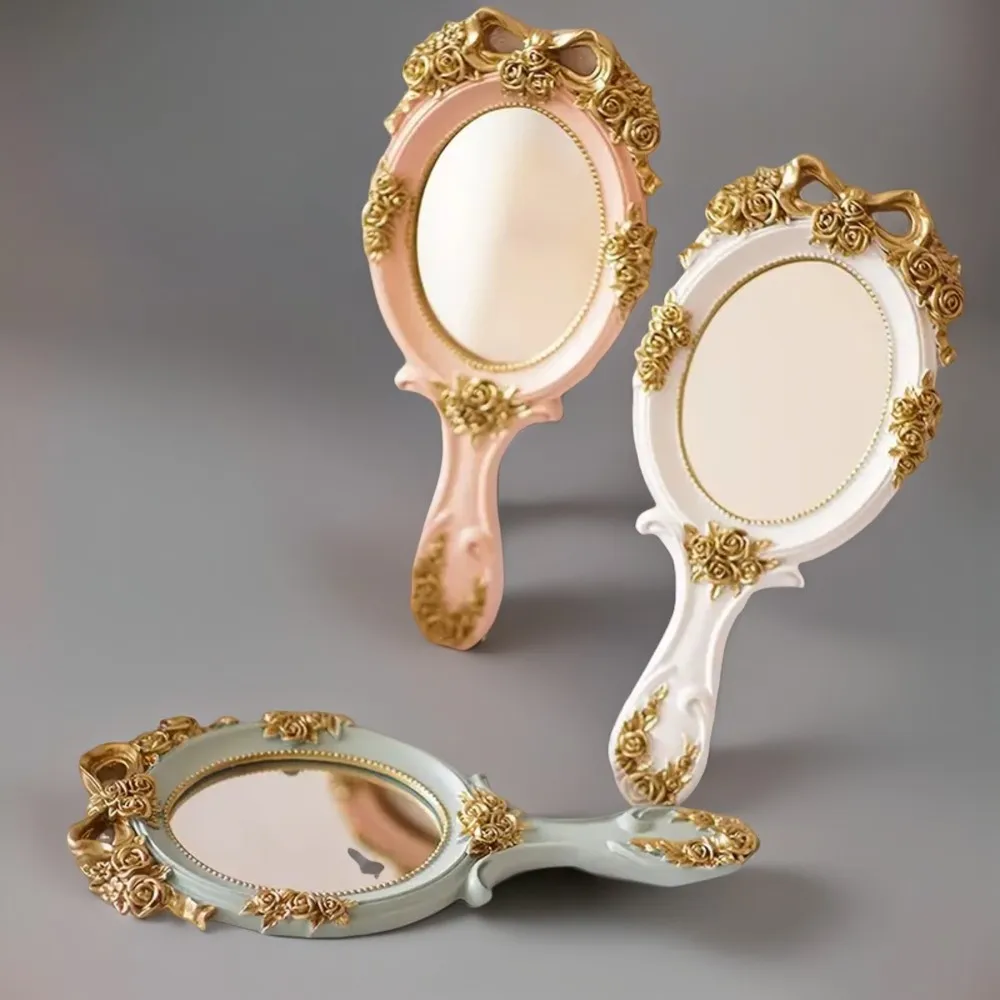 

Portable Handheld Vanity Makeup Mirror with Embossed Rose Design, Oval Metal Cosmetic Mirror for Travel, Princess Style Decorati