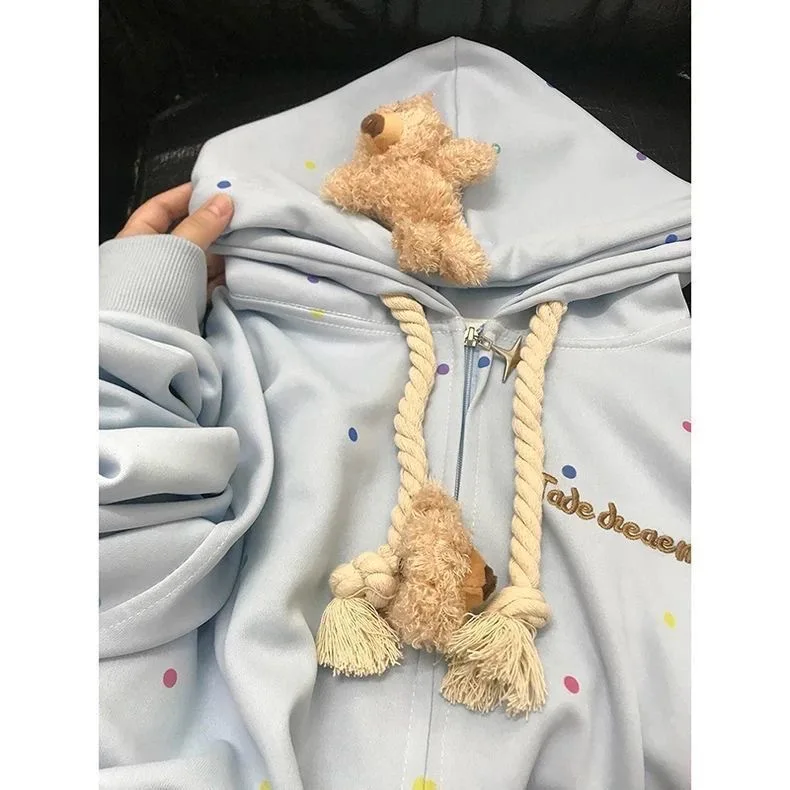 عارضة نمط البولكا نقطة الدب طباعة البلوز أوائل الخريف جديد الهيب هوب كسول أعلى طويلة الأكمام بولو طوق آخر النسيج السيدات Sw...