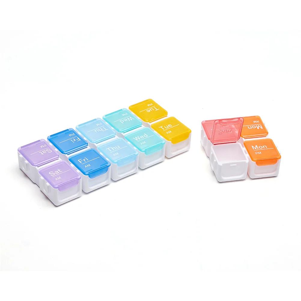 

1pc 14-Grid 2-Row Large Capacity Medicine Organizer Case Weekly Tablet Storage Container Rainbow See-Through Lids Easy Open