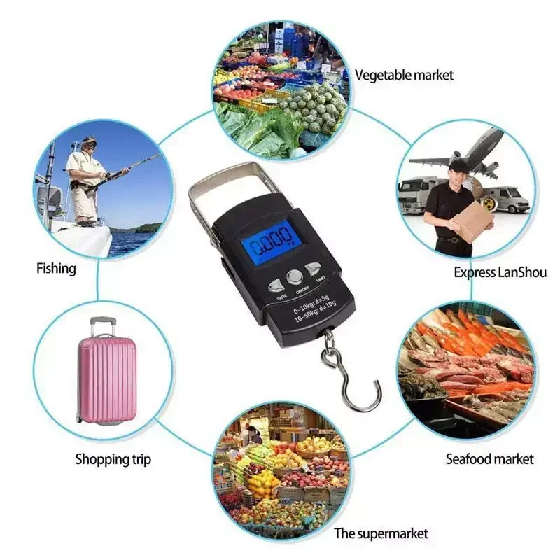 Báscula de mano electrónica LCD portátil, báscula de pescado colgante de viaje con cinta métrica retráctil de 100cm de largo, 50kg/10g